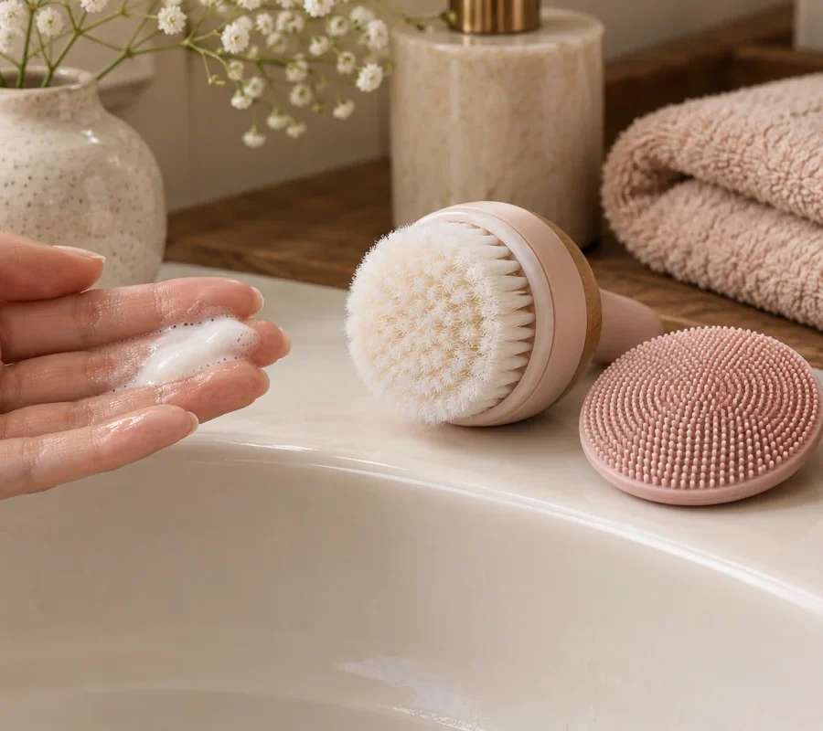 Mains, tête à poils et surface en silicone près d’un lavabo.