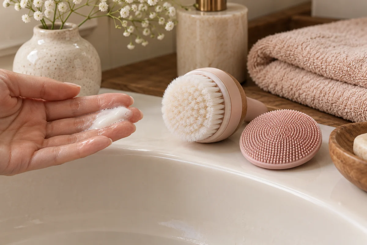 Mains, tête à poils et surface en silicone près d’un lavabo.