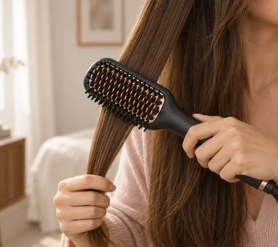 Brosse lissante passant sur une mèche sèche, illustration éditoriale.