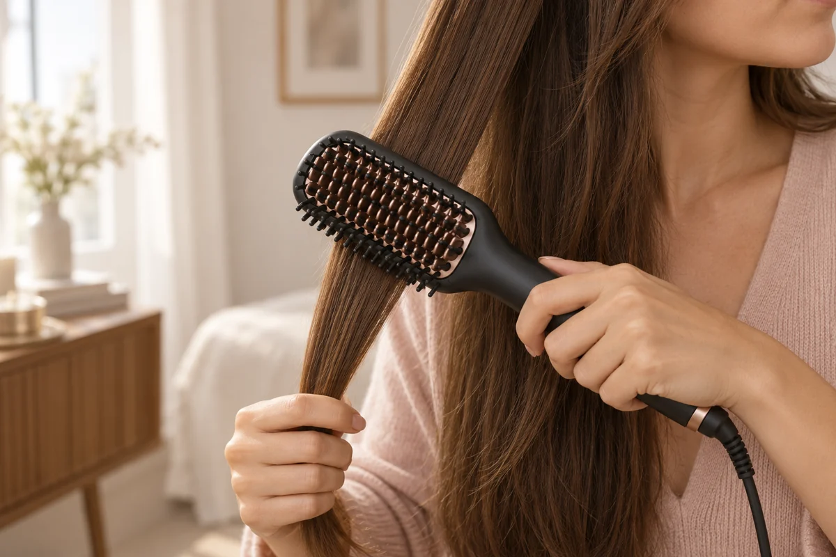 Brosse lissante passant sur une mèche sèche, illustration éditoriale.