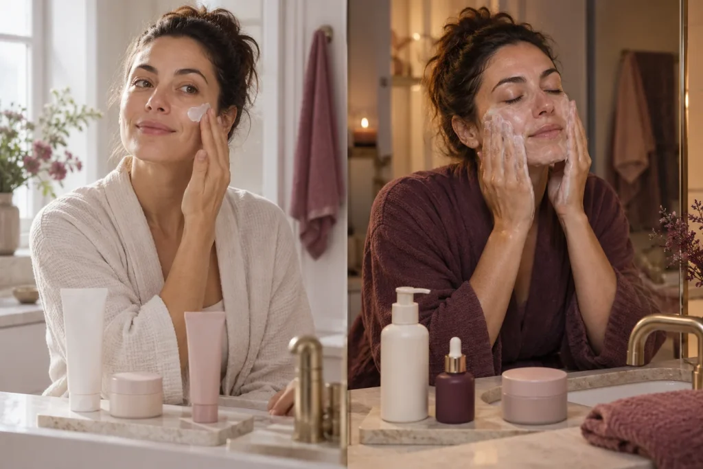 Même femme appliquant une protection le matin et nettoyant son visage le soir