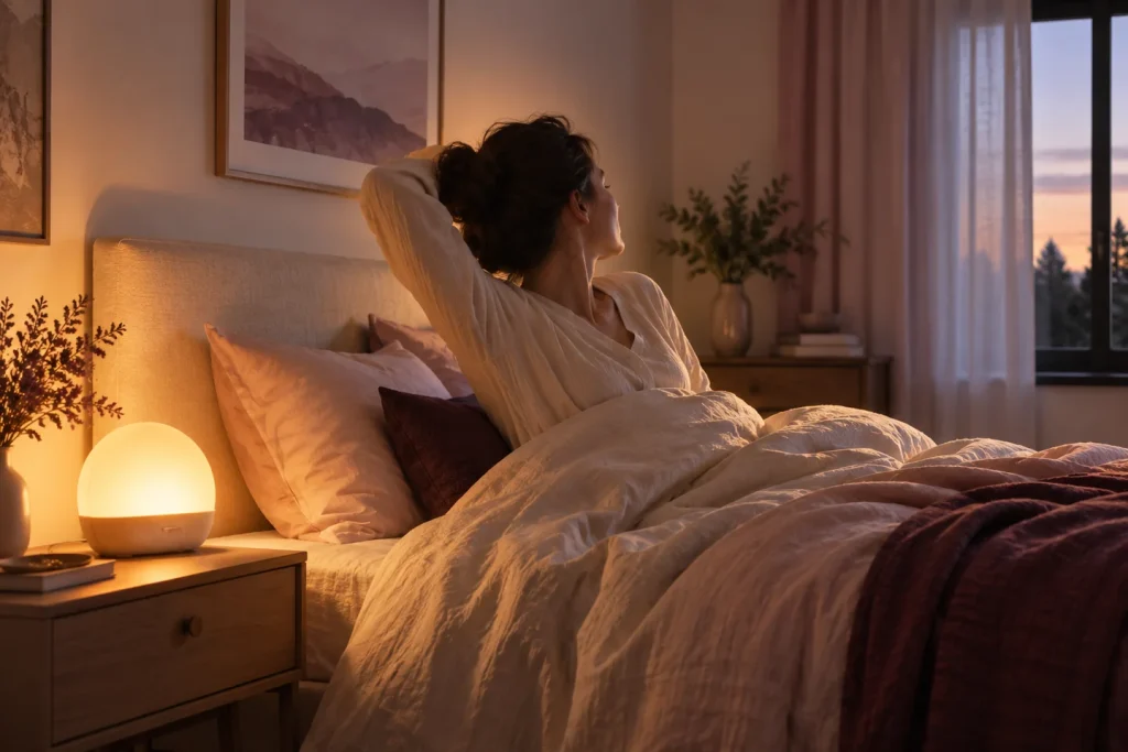 Réveil simulateur d’aube diffusant une lumière chaude dans une chambre au petit matin